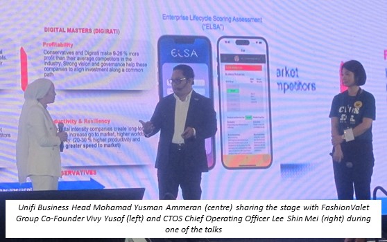Unifi Business Head Mohamad Yusman Ammeran (centre) sharing the stage with FashionValet Group Co-Founder Vivy Yusof (left) and CTOS Chief Operating Officer Lee Shin Mei (right) during one of the talks