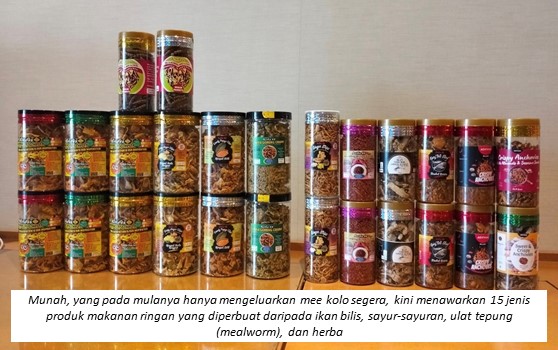 Munah, yang pada mulanya hanya mengeluarkan mee kolo segera, kini menawarkan 15 jenis produk makanan ringan yang diperbuat daripada ikan bilis, sayur-sayuran, ulat tepung (mealworm), dan herba