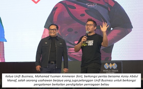 Ketua Unifi Business, Mohamad Yusman Ammeran, berkongsi pentas bersama Azroy Abdul Manaf, salah seorang usahawan berjaya